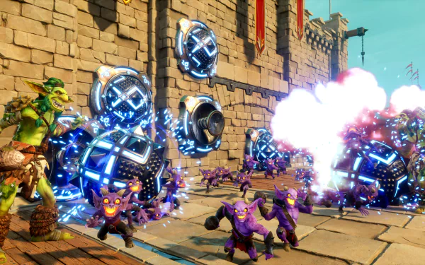 HD wallpaper featuring action-packed gameplay from Orcs Must Die! 3, with heroic characters battling hordes of orcs and deploying traps at a castle defense.