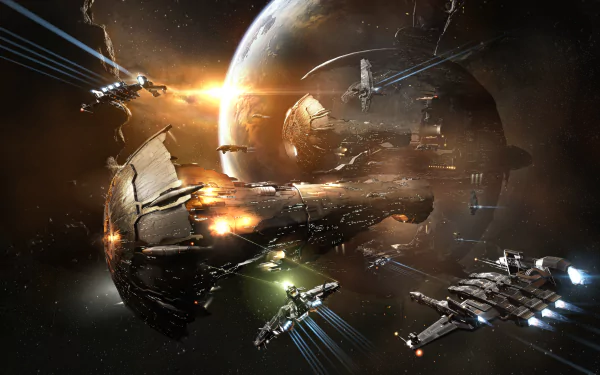 HD wallpaper of EVE Online featuring a dramatic space battle with ships and explosions near a large planet.