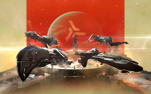 HD desktop wallpaper featuring EVE Online spaceships with a red planet and starry background.