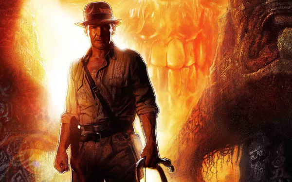 Harrison Ford as Indiana Jones in a dramatic 4K Ultra HD wallpaper from Indiana Jones and the Kingdom of the Crystal Skull, set against a fiery, adventurous backdrop.