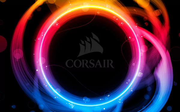 4K Ultra HD PC desktop wallpaper: vibrant neon orange, pink and blue ring encircling a dark center with the Corsair logo, technology-themed background.