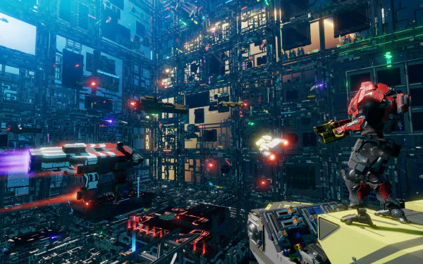 HD desktop wallpaper featuring a futuristic starbase with advanced spaceships and robots.