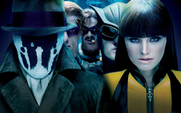 Silk Spectre, Nite Owl, The Comedian, and Rorschach from Watchmen standing together in a dynamic pose on a HD desktop wallpaper and background.