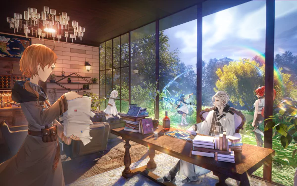 HD desktop wallpaper featuring characters from Mushoku Tensei: Jobless Reincarnation including Orsted, Sylphiette, Roxy Migurdia, Rudeus Greyrat, and Eris Boreas Greyrat, in a vibrant, detailed setting.