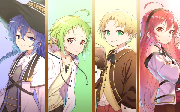 4K Ultra HD anime wallpaper featuring Eris Boreas Greyrat, Rudeus Greyrat, Sylphiette, and Roxy Migurdia from Mushoku Tensei: Jobless Reincarnation.