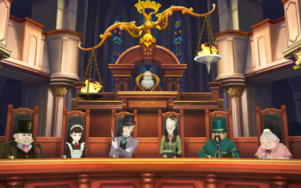 HD desktop wallpaper featuring a courtroom scene from The Great Ace Attorney Chronicles with characters in period attire.