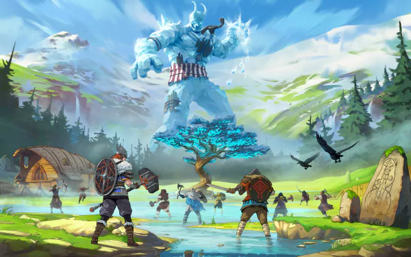 HD wallpaper featuring a dynamic scene from Tribes of Midgard, with characters ready for battle against a giant creature in a vibrant, mythical landscape.