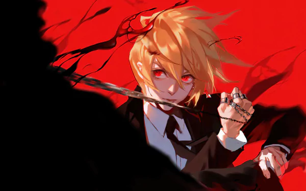 HD desktop wallpaper of Kurapika from Hunter × Hunter. The anime character has blonde hair, red eyes, and is set against a vibrant red and black background.