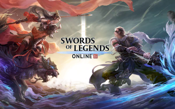 HD wallpaper featuring Swords of Legends Online with epic battle scene and dramatic sky.