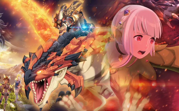 HD wallpaper of Monster Hunter Stories 2: Wings of Ruin featuring dynamic artwork with characters and a fearsome monster ready for battle.