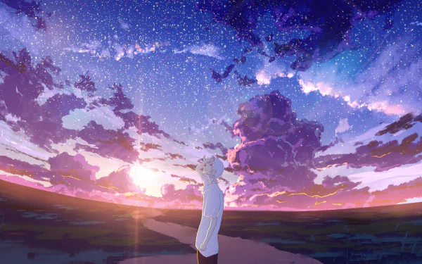 Anime-style 4K Ultra HD desktop wallpaper depicting a person standing under a vibrant sunrise sky filled with stars and clouds.