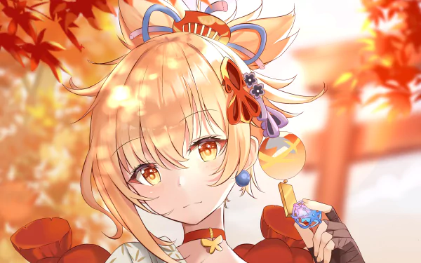 2K Quad HD PC desktop wallpaper of Yoimiya (Genshin Impact) from the video game: warm close-up portrait, golden eyes, autumn leaves and sunlight, holding a small decorative firework charm.