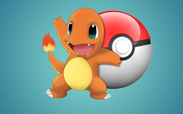 Charmander from Pokémon stands proudly in front of a Pokéball on a vibrant blue background, rendered in crisp 4K Ultra HD anime style for PC desktop wallpaper.
