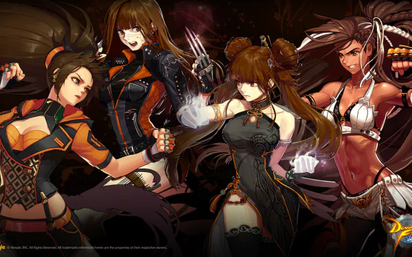 HD wallpaper of Dungeon Fighter Online characters poised for battle on a dynamic background.