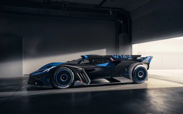 Sleek black Bugatti Bolide supercar showcased in a dimly lit garage, captured in striking detail as an 8K Ultra HD PC desktop wallpaper background.