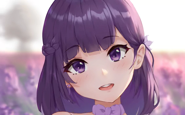 Close-up of Baal Raiden Shogun from Genshin Impact with purple hair and eyes, set against a soft, blurred floral background in 4K Ultra HD quality.