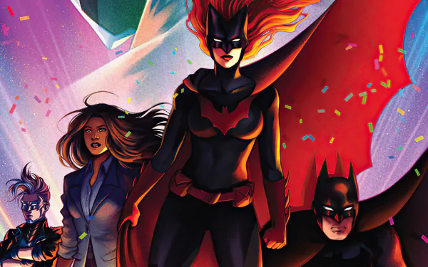HD PC desktop wallpaper featuring Kate Kane as Batwoman, alongside Batman and other DC Comics characters in a vibrant, dynamic comic-style illustration.