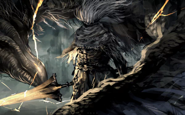 4K Ultra HD wallpaper of the Nameless King, a fierce warrior from the video game Dark Souls III, poised for battle with a dragon in a stormy, dark setting.