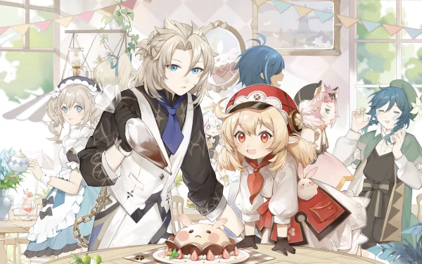 2K Quad HD PC desktop background of Genshin Impact (video game) characters Kaeya, Diona, Venti, Paimon, Klee, Jean, Barbara and Albedo gathered around a table with pastries in a bright room.