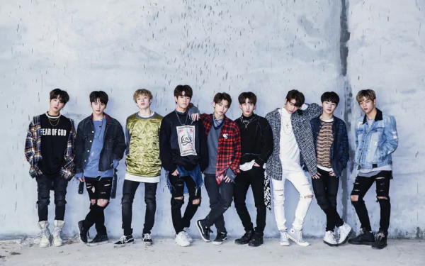 HD desktop wallpaper featuring Stray Kids, a popular K-pop boy band, posing against a textured gray wall with casual streetwear styles.