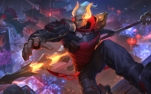 Jarvan IV from League of Legends wields his lance, poised for battle in a vibrant, futuristic cityscape. 4K Ultra HD video game wallpaper background.