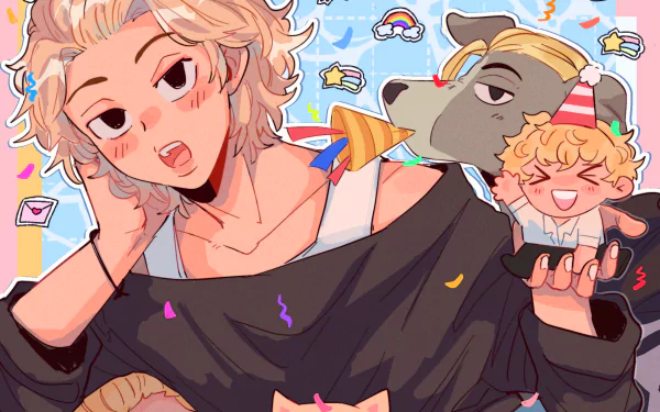 HD PC desktop wallpaper featuring Mikey Manjiro Sano from Tokyo Revengers in vibrant anime style with playful party-themed elements in the background.