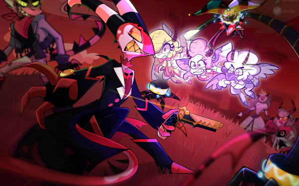 Verosika Mayday Striker (Helluva Boss) Stella (Helluva Boss) Robo Fizz (helluva Boss) Keenie (Helluva Boss) Collin (Helluva Boss) Cletus (Helluva Boss) Blitzo (Helluva Boss) TV Show helluva boss HD Desktop Wallpaper | Background Image