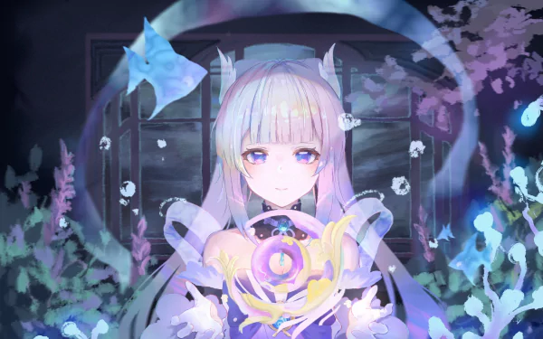 HD PC desktop wallpaper featuring Sangonomiya Kokomi from the video game Genshin Impact, surrounded by glowing aquatic and floral elements in a mystical setting.