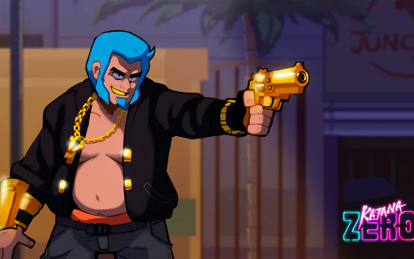 HD desktop wallpaper featuring a character from Katana Zero game with a gold gun, against a neon-lit backdrop.