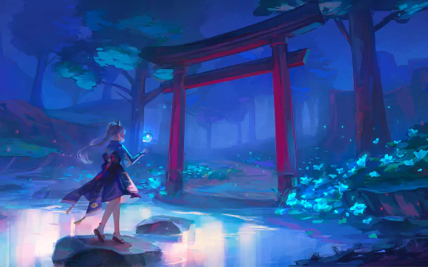 HD wallpaper featuring Kamisato Ayaka from Genshin Impact, standing in a mystical, glowing forest landscape with a red torii gate in the background.