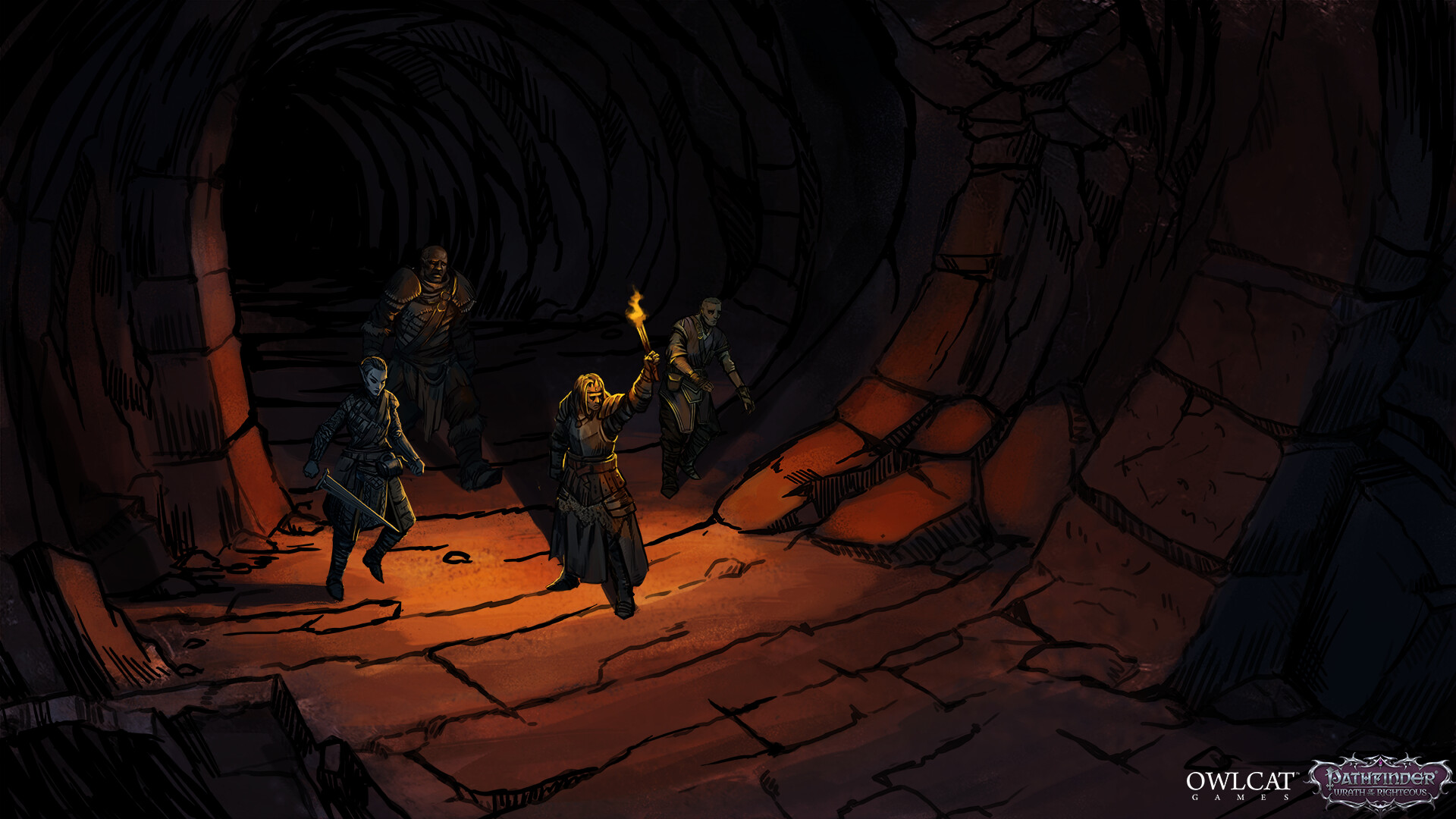 Pathfinder: Wrath of the Righteous HD wallpaper featuring characters exploring an ominous dungeon with torches.