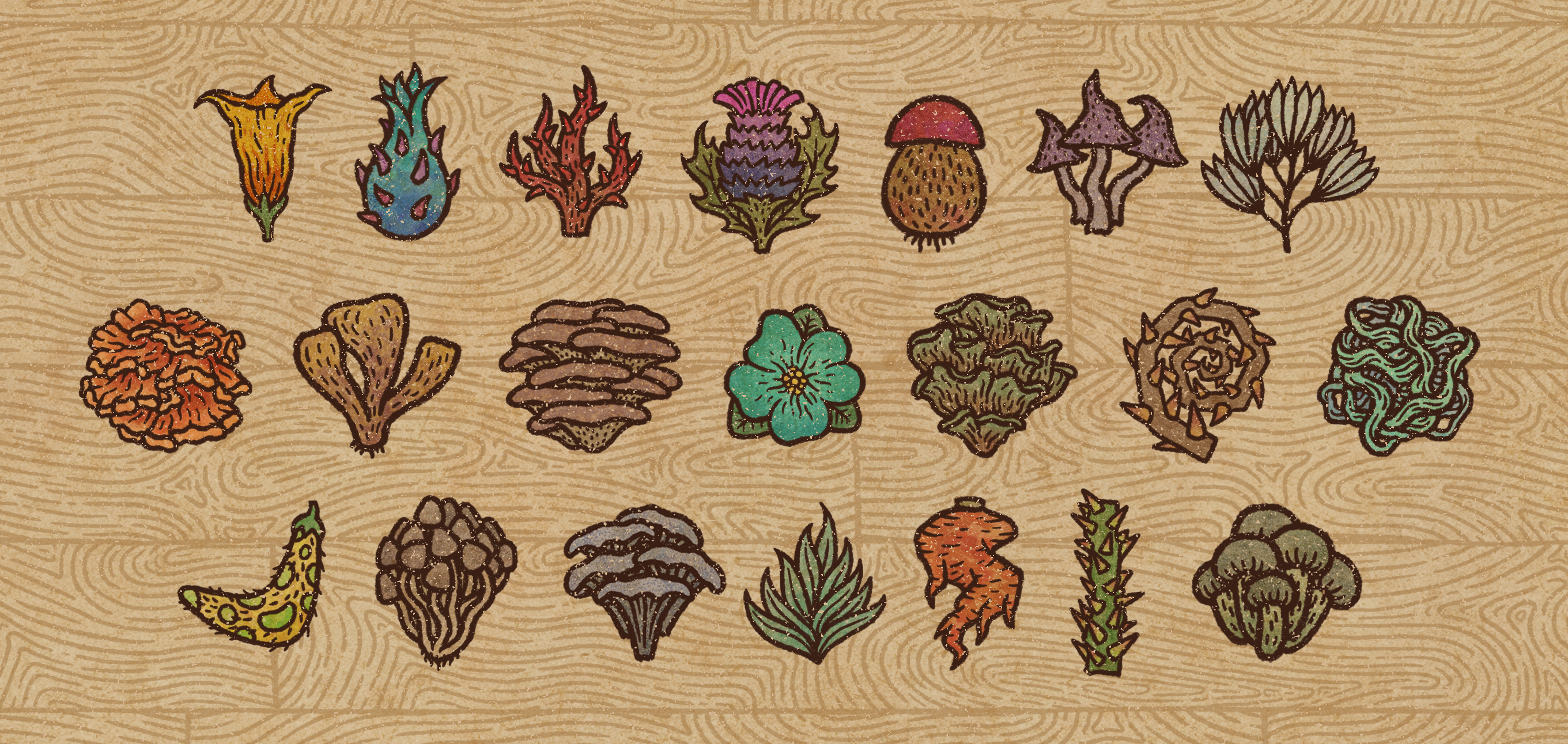HD desktop wallpaper featuring various hand-drawn herbs and ingredients from Potion Craft: Alchemist Simulator game, artfully arranged on a wooden texture background.