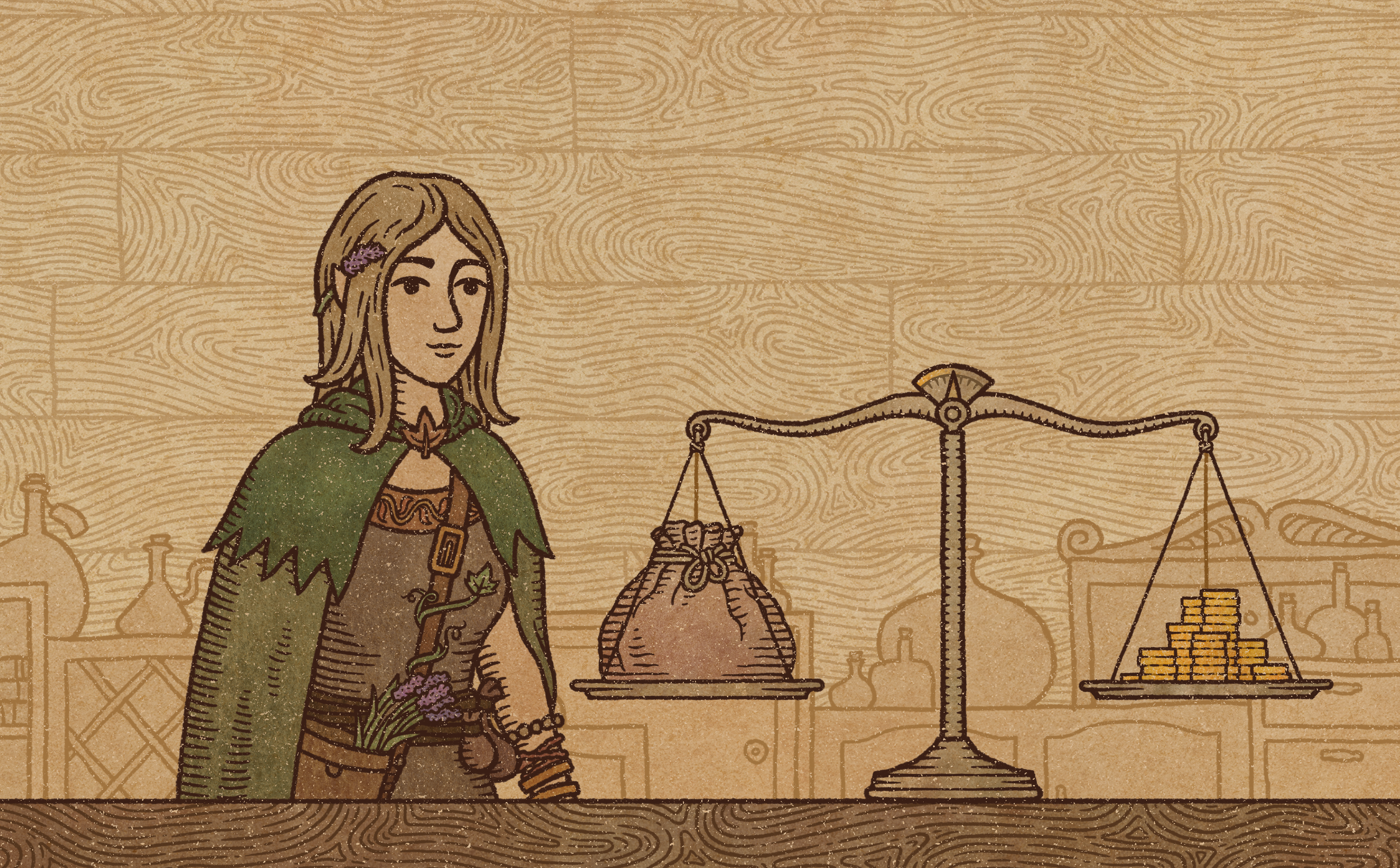 HD desktop wallpaper featuring an alchemist from Potion Craft: Alchemist Simulator, with scales and potion bottles in the background.