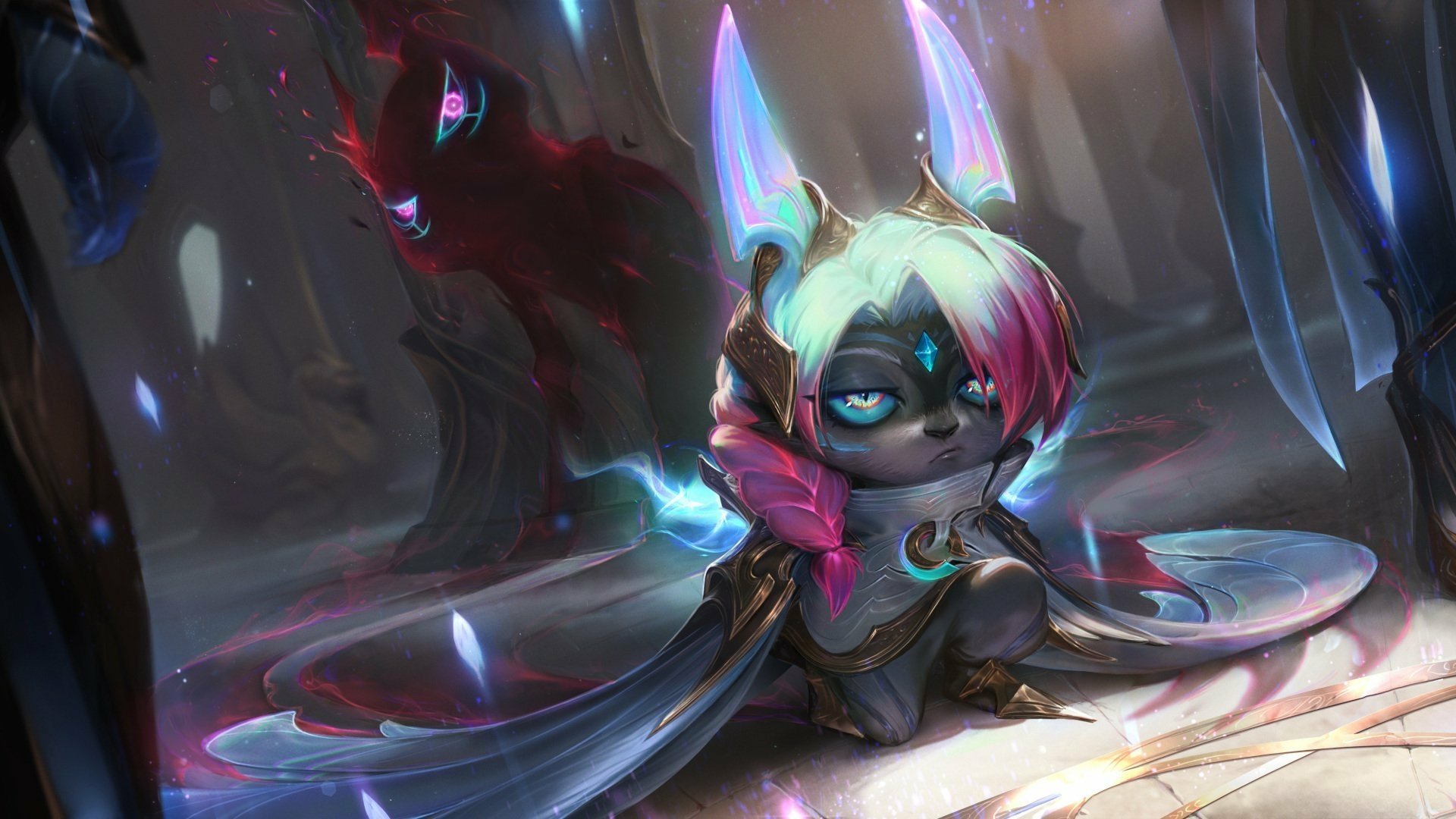 HD PC desktop wallpaper of Vex (League of Legends): moody chibi-like champion with glowing ears, pink braid and shadowy cloak in a misty, magical corridor — video game art.