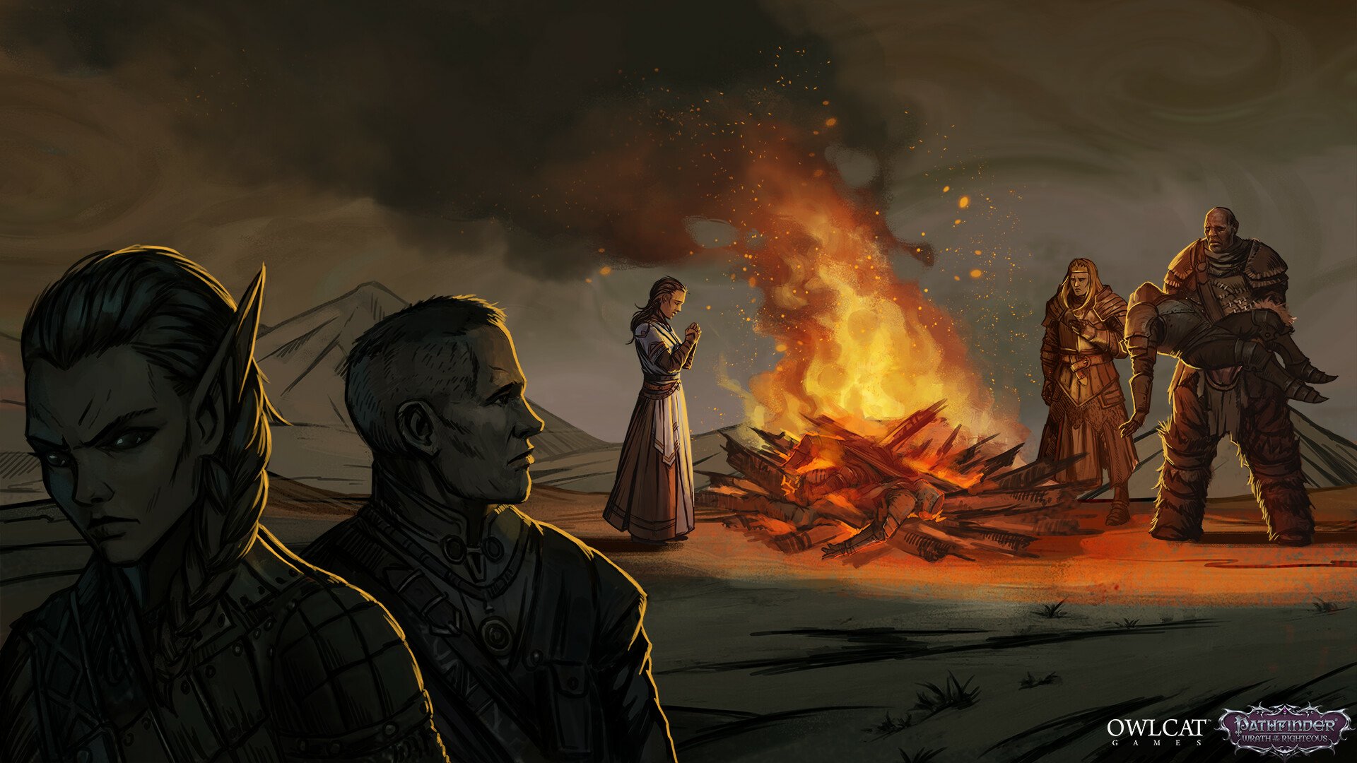 Pathfinder: Wrath of the Righteous HD desktop wallpaper featuring game characters around a campfire under an ominous dusk sky.