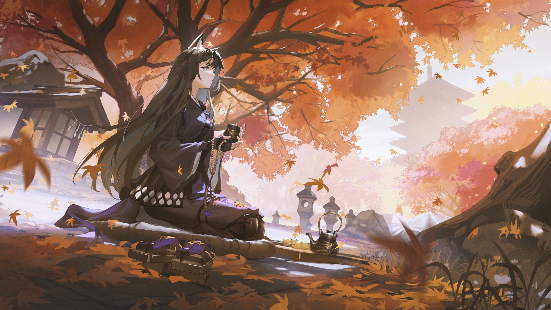 HD PC wallpaper featuring Saga from Arknights with animal ears and long hair, set in a serene autumn landscape from the video game Arknights.