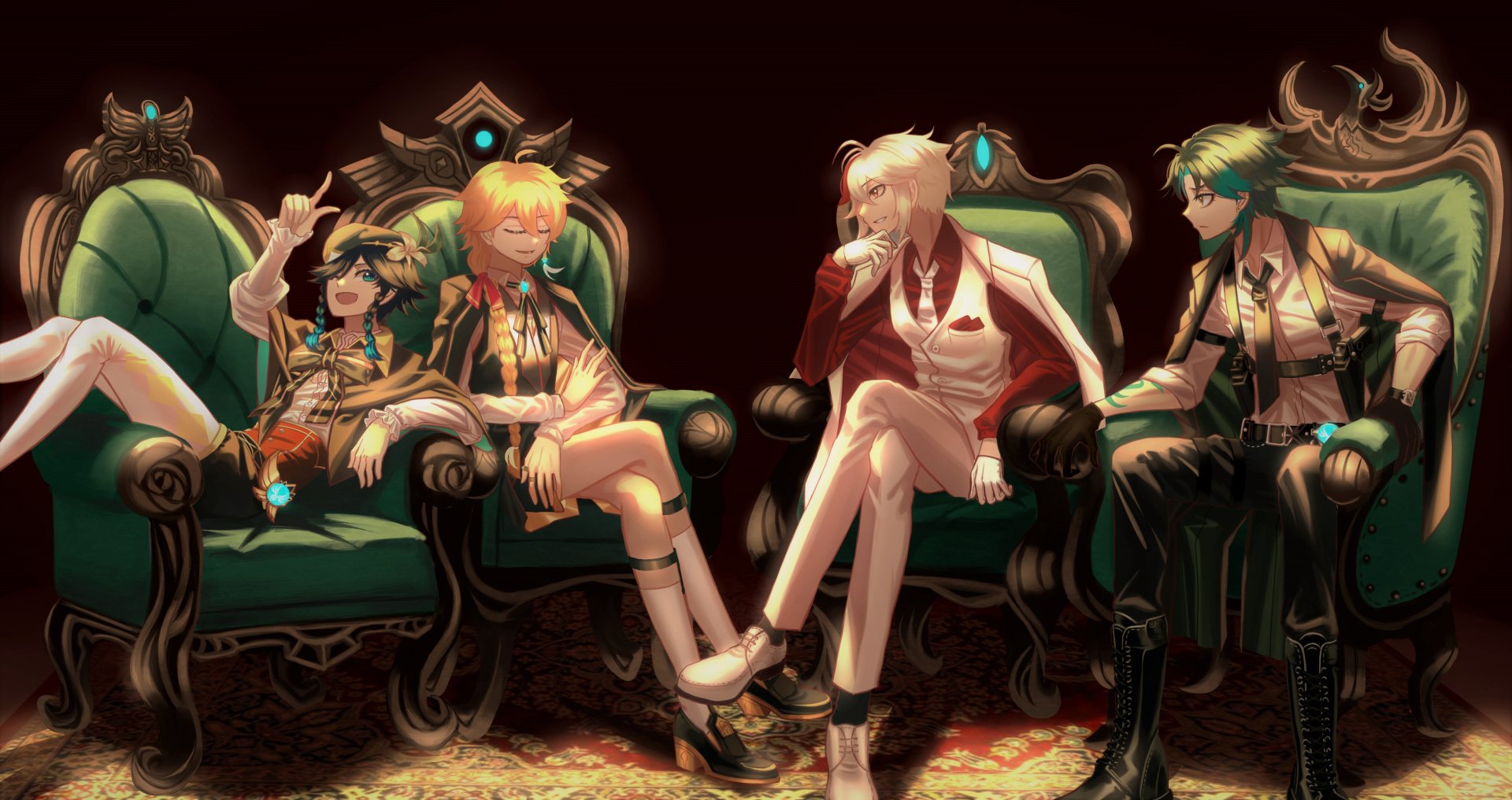 HD PC desktop wallpaper featuring Xiao, Venti, Kaedehara Kazuha, and Aether from the video game Genshin Impact, seated in a luxurious, dark-toned setting.