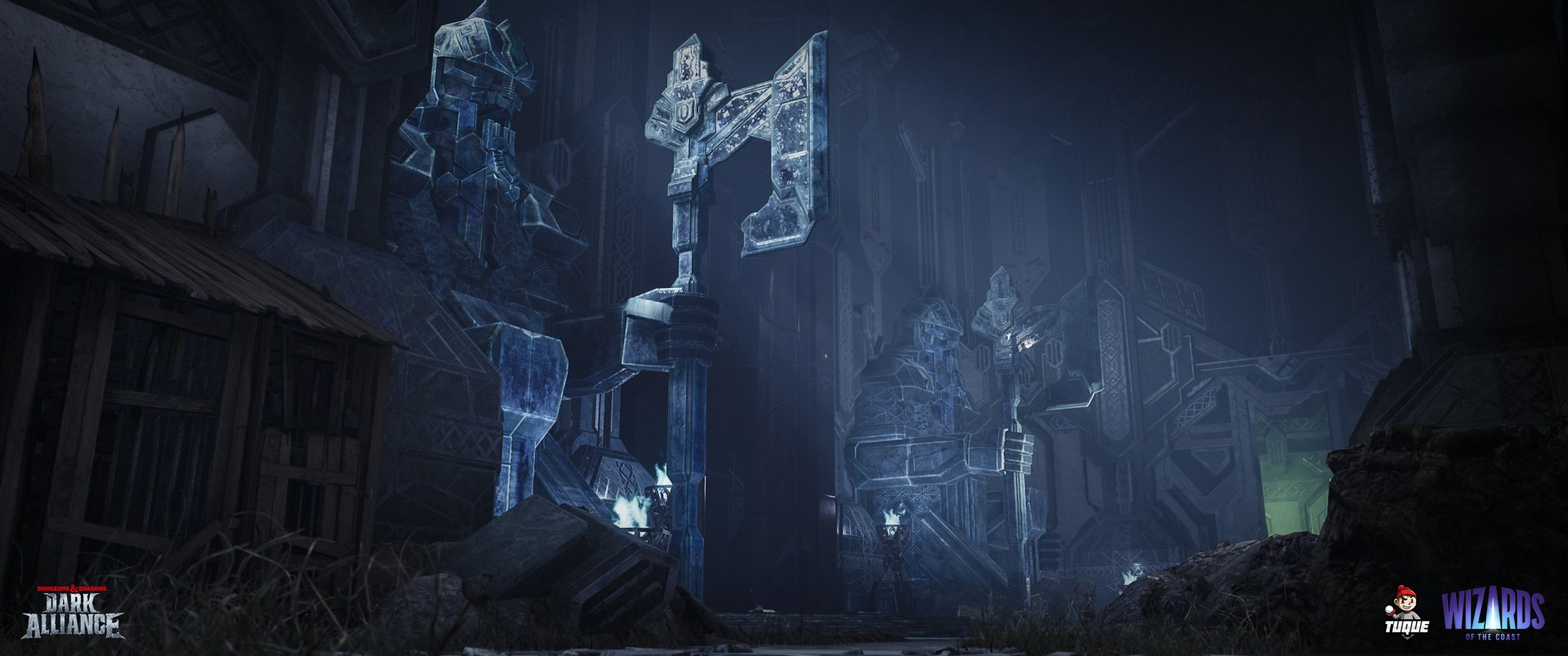 HD desktop wallpaper from Dungeons & Dragons: Dark Alliance featuring glowing blue statues in a mystical, dark setting.