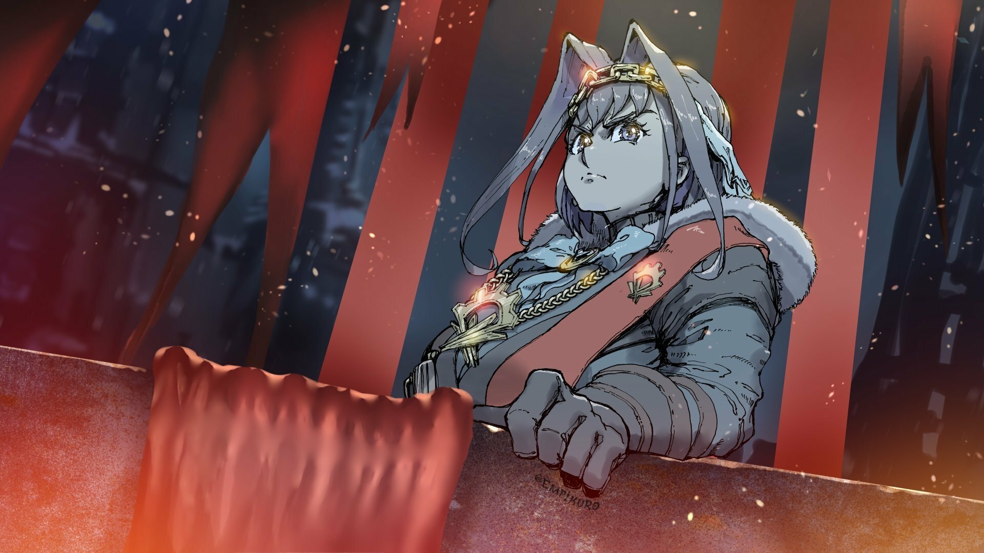 HD desktop wallpaper of Ouro Kronii (hololive), anime Virtual YouTuber in a Frostpunk-themed scene: hooded figure with clockwork motifs grips a frozen control lever beneath red banners.