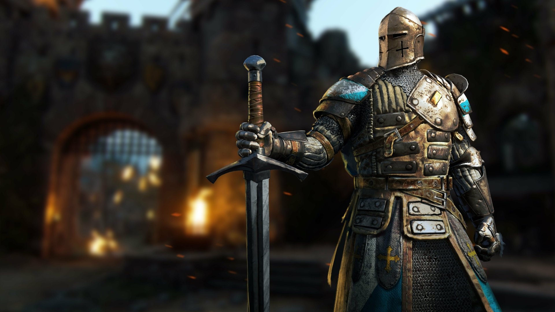HD desktop wallpaper from the video game For Honor featuring a knight in detailed armor, holding a sword against a blurred castle backdrop.