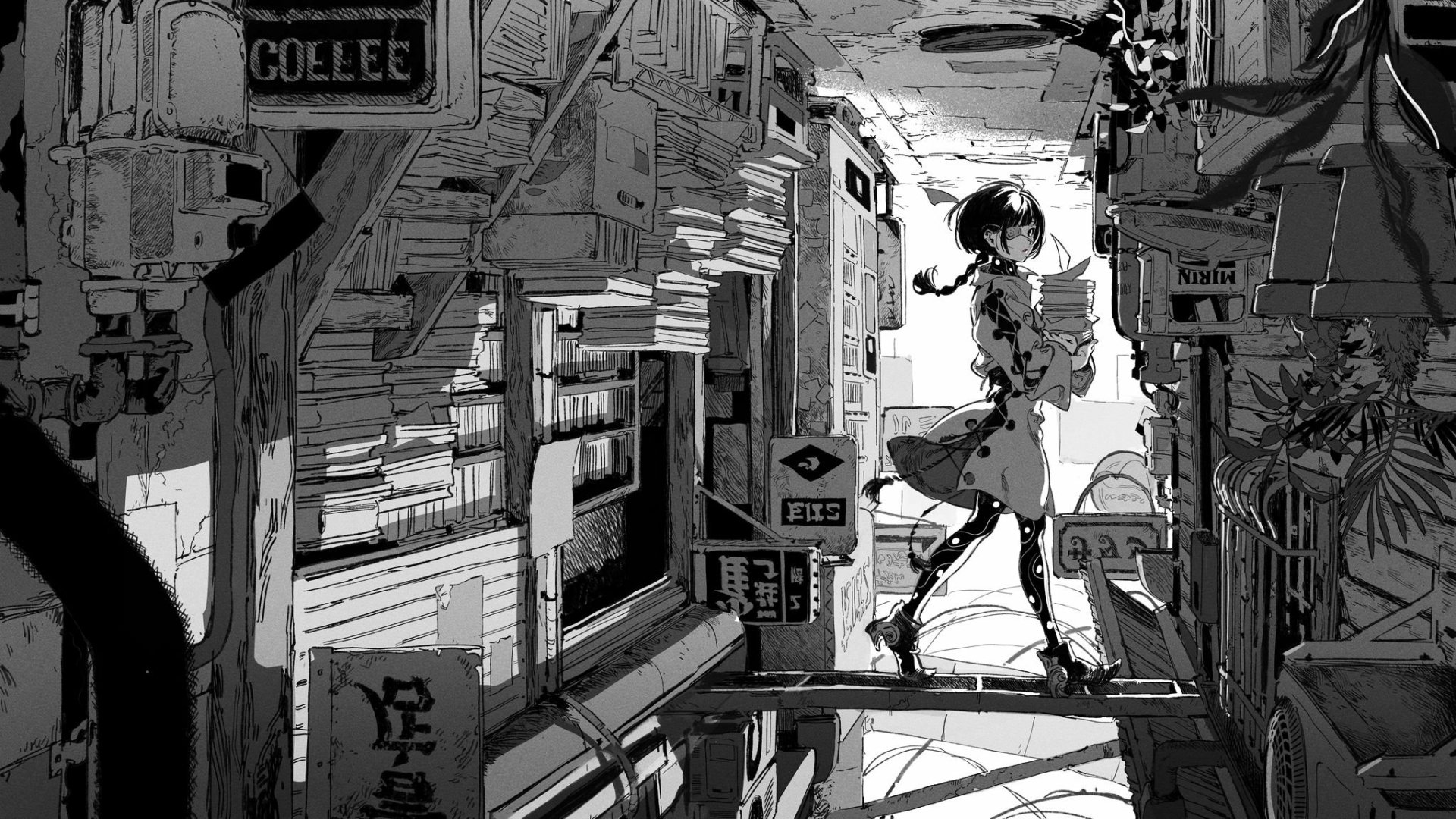 Black and white anime wallpaper featuring a cyberpunk city scene with a girl holding books, surrounded by intricate details and signs.