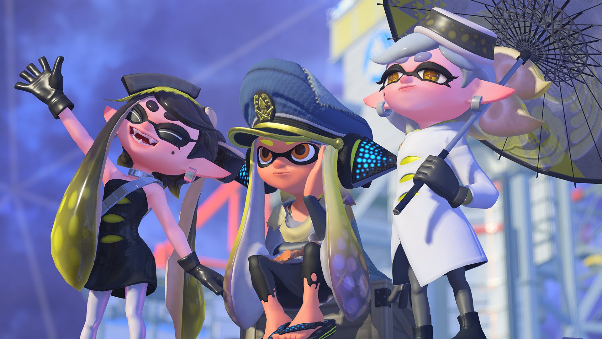 Splatoon 3 video game HD PC desktop wallpaper background: three stylish Inklings in fashionable outfits and umbrellas posing against a vibrant city sky.