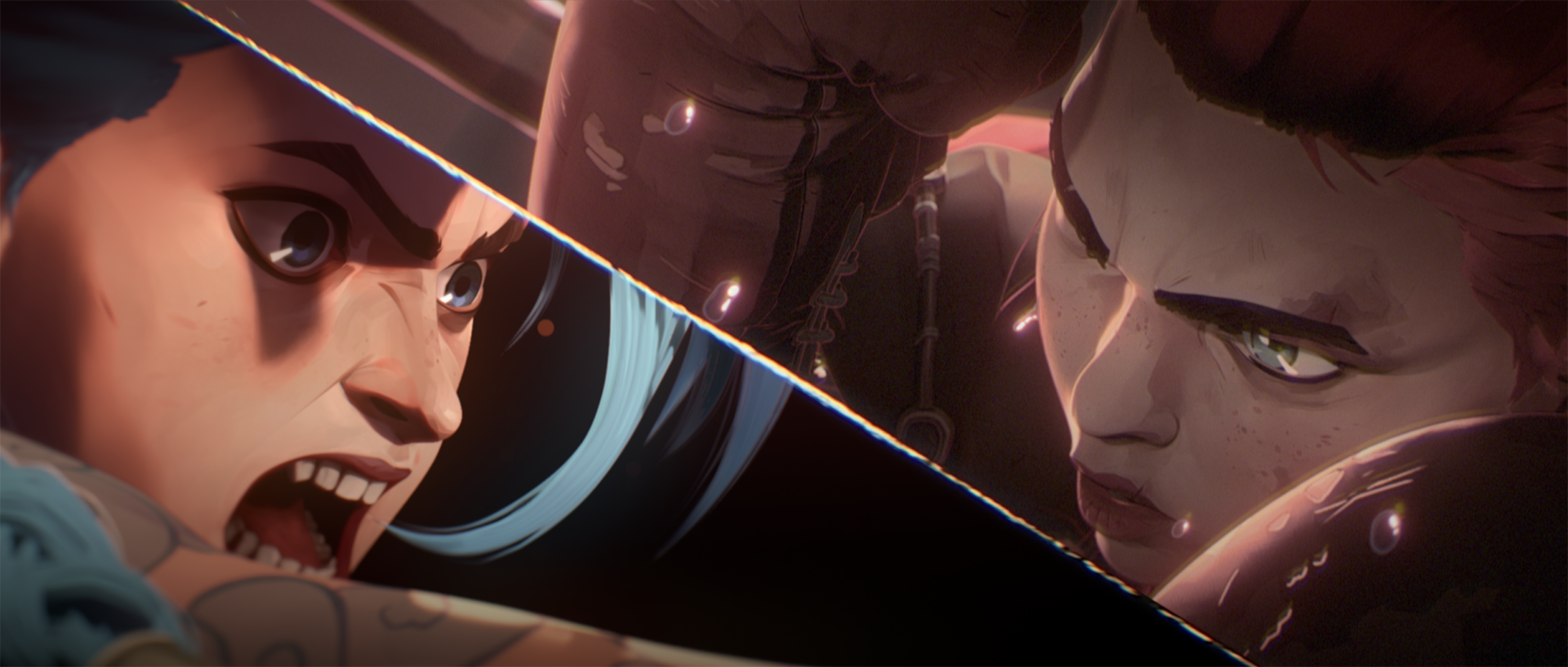 HD desktop wallpaper featuring intense close-up faces of Jinx and Vi from the TV show Arcane, based on League of Legends characters.