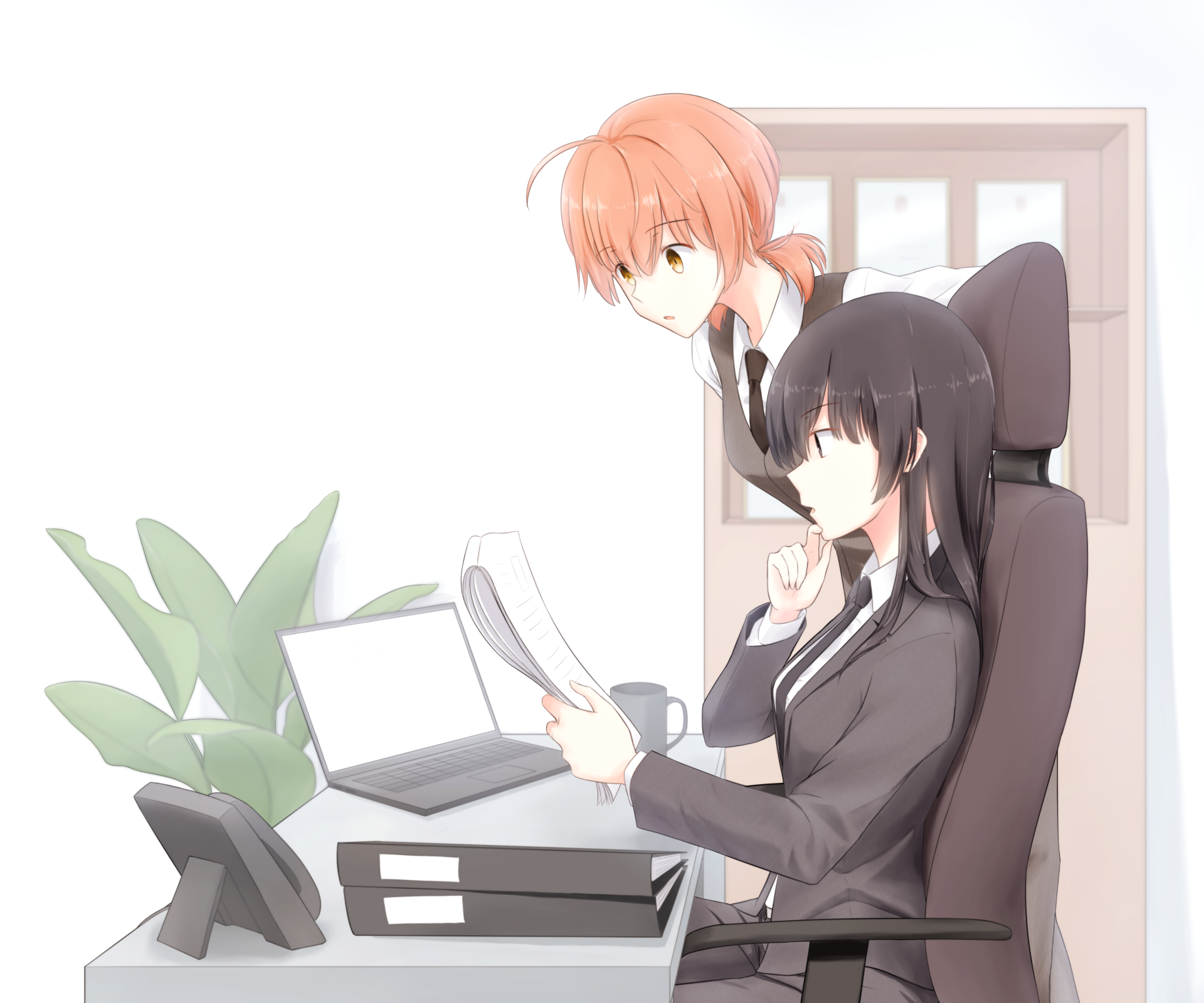 4K Ultra HD PC wallpaper: Touko Nanami and Yuu Koito from Bloom Into You in an office — Touko in a suit reads papers at her desk while Yuu leans over behind her.