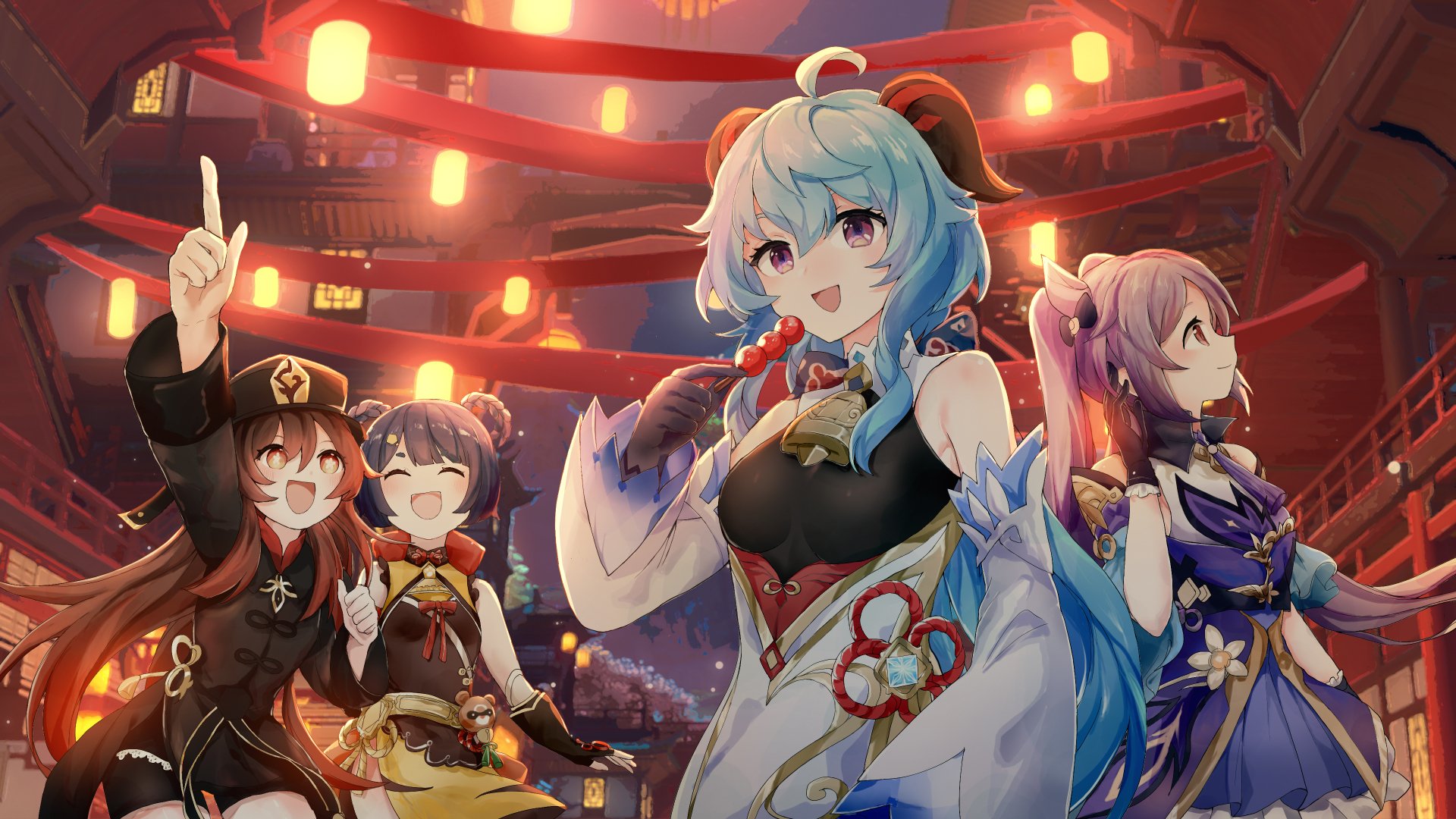4K Ultra HD desktop wallpaper featuring Xiangling, Keqing, Hu Tao, and Ganyu from the video game Genshin Impact in a vibrant, lantern-lit setting.