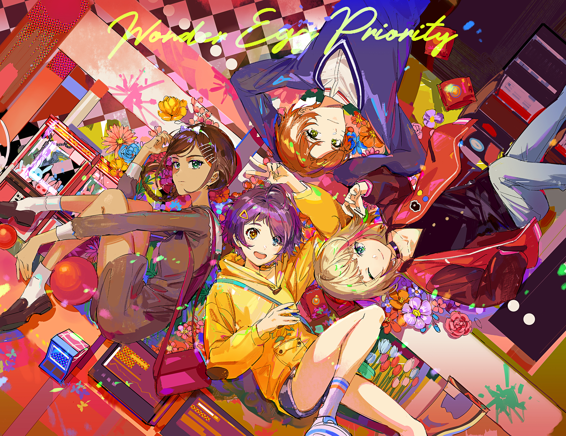 HD anime desktop wallpaper featuring Momoe Sawaki, Ai Ohto, Rika Kawai, and Neiru Aonuma from Wonder Egg Priority in vibrant, colorful art style.