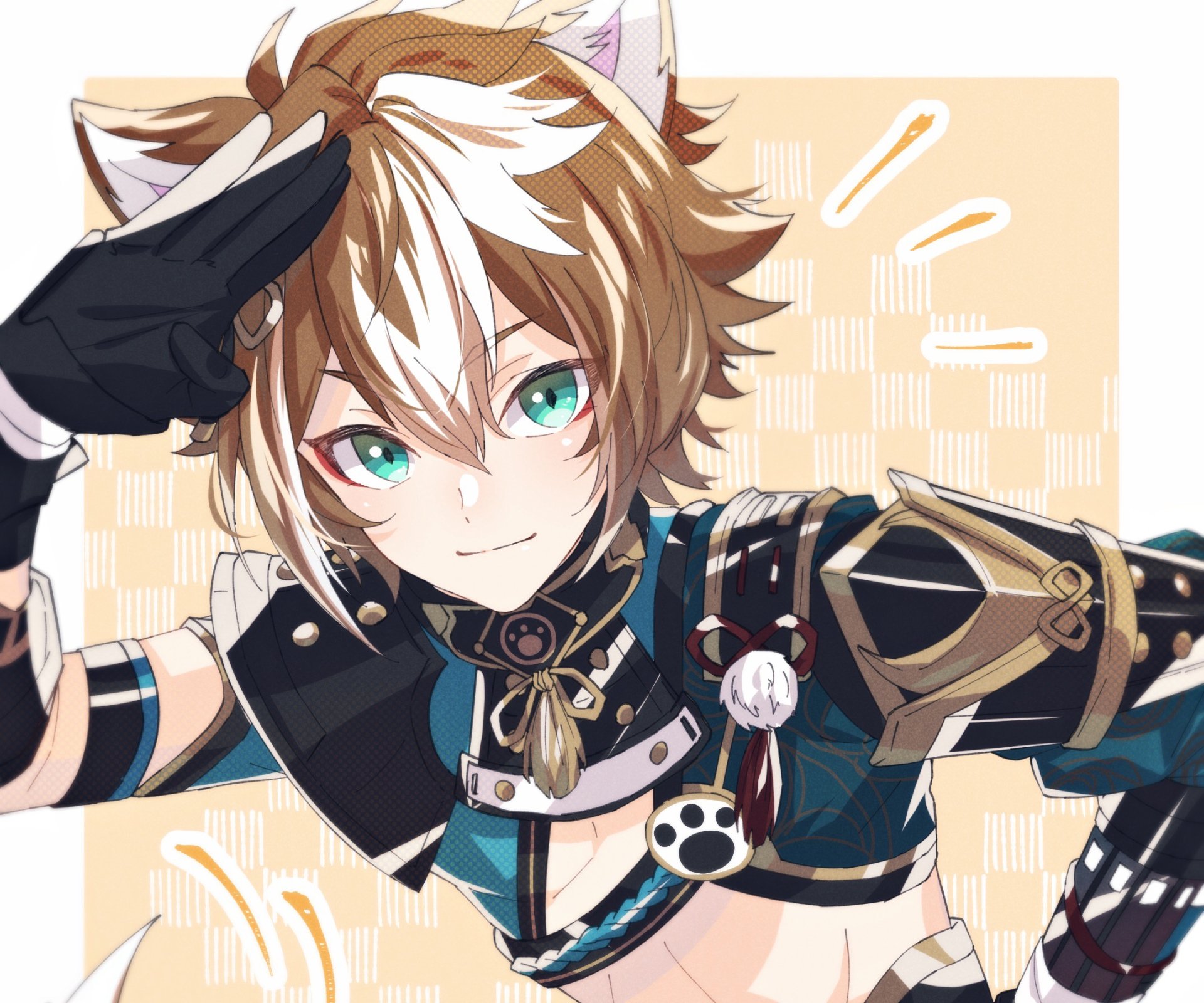 HD PC desktop wallpaper featuring Gorou from the video game Genshin Impact, showcasing his detailed outfit and bright green eyes in vibrant artwork.