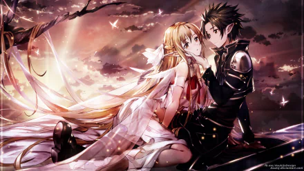 HD anime wallpaper featuring Kirito and Asuna from Sword Art Online, with Asuna’s pointed ears and a fairy-like glow surrounding them in a romantic sunset scene.