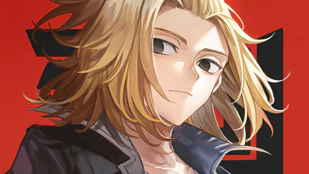 HD anime desktop wallpaper featuring Mikey Manjiro Sano from Tokyo Revengers, showcasing his confident expression against a bold red background.