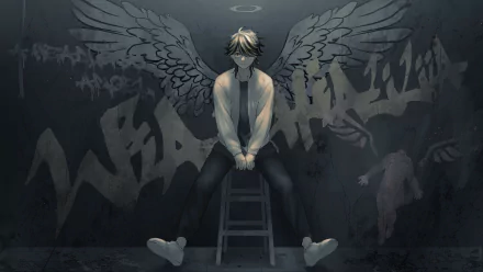 HD desktop wallpaper featuring Kazutora Hanemiya from the anime Tokyo Revengers, sitting on a stool with graffiti in the background and angel wings drawn on the wall.